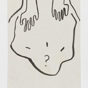 May include: A black and white illustration of a stylized figure with arms raised and hands near the head. The figure has a rounded body shape with a question mark, exclamation point, and dashes for facial features.
