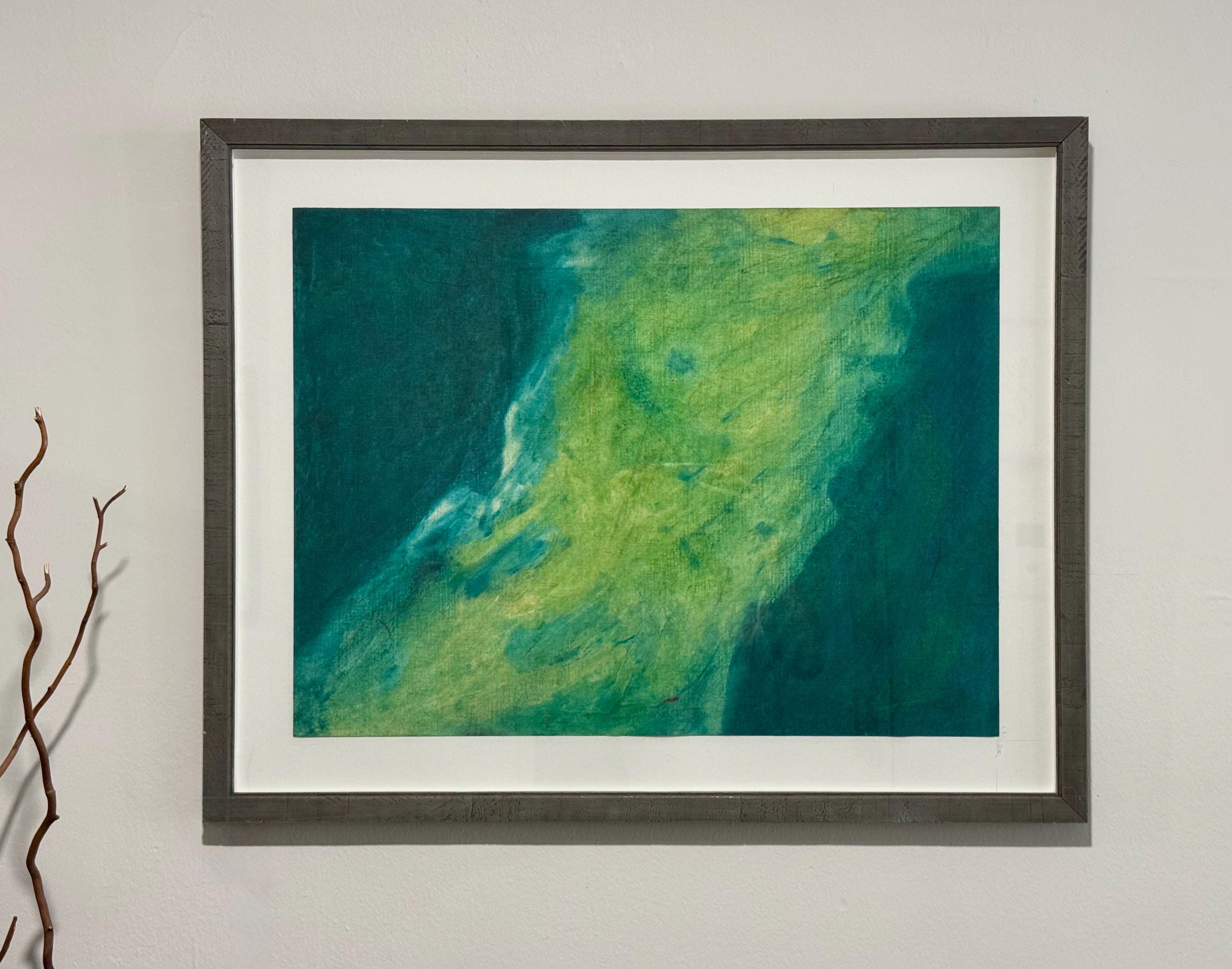 抽象油絵：青緑色のアート、グレーの木製額縁入り美術館品質の額縁
