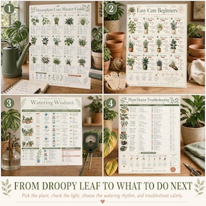 Four-panel collage showing houseplant care chart pages in plant care scenes for watering, beginner plants, care lookup, and leaf troubleshooting.