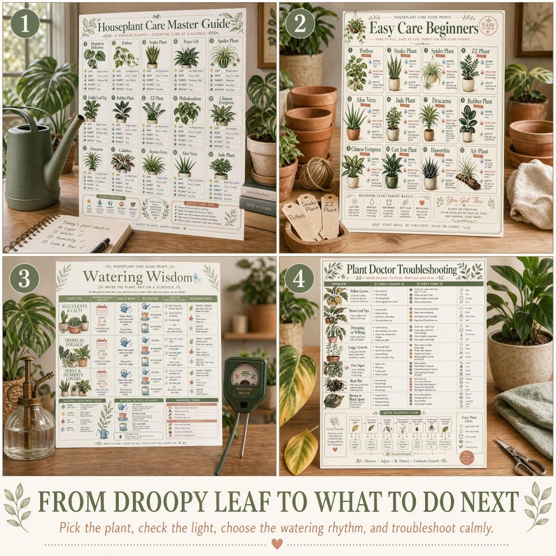 Four-panel collage showing houseplant care chart pages in plant care scenes for watering, beginner plants, care lookup, and leaf troubleshooting.