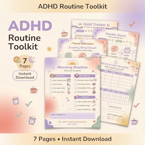 Op de afbeelding: ADHD Routine Toolkit met 7 pagina's, direct te downloaden. De toolkit bevat een gewoontetracker, wekelijkse reset, medicatietracker en ochtend- en avondroutinesjablonen. Pastelkleuren en decoratieve elementen.