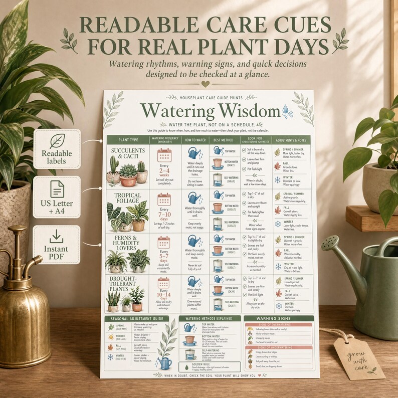 Close product detail image showing the Watering Wisdom printable chart with readable care cues beside a plant mister, watering can, and plant tag.