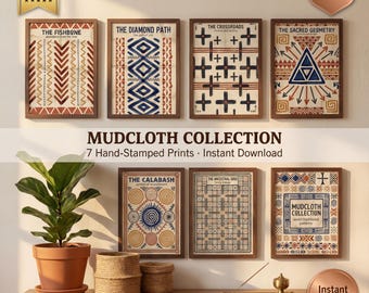 Set de arte mural de tela de barro / 7 impresiones de Bogolanfini estampadas a mano (descarga digital)