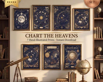 Impresiones vintage de cartas estelares celestiales / Set de 7 atlas astronómicos ilustrados a mano (descarga digital)