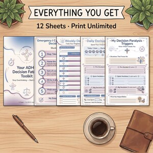 What you get: 13 pages of ADHD Decision Fatigue Toolkit - 12-Page Choice Overload Workbook & Decision Making Planner - adhd printable, adhd toolkit, adhd workbook, 300 DPI, US Letter and A4, instant PDF download