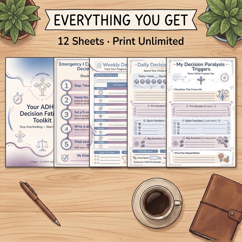 What you get: 13 pages of ADHD Decision Fatigue Toolkit - 12-Page Choice Overload Workbook & Decision Making Planner - adhd printable, adhd toolkit, adhd workbook, 300 DPI, US Letter and A4, instant PDF download