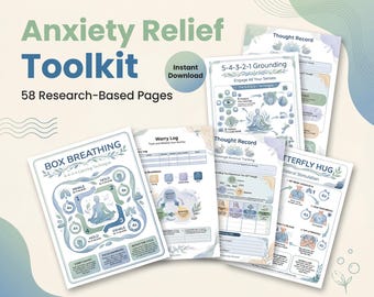 Anxiety Relief Toolkit | 58-Page Printable Bundle | Breathing Grounding CBT Worksheets Affirmations | Digital Download PDF