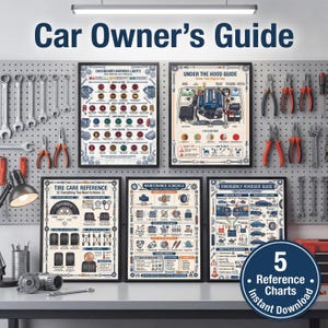 Puede incluir: Una colección de cinco gráficos de referencia para automóviles enmarcados, que incluyen luces de advertencia del tablero, guía bajo el capó, cuidado de neumáticos, programa de mantenimiento y guía de emergencia en carretera. Los gráficos se muestran en una placa perforada con herramientas. El título es "Car Owner's Guide".
