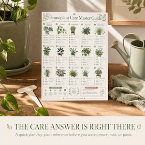 Styled product image showing the Houseplant Care Master Guide chart as the start-here page beside a small watering can, plant label, and plant cutting.