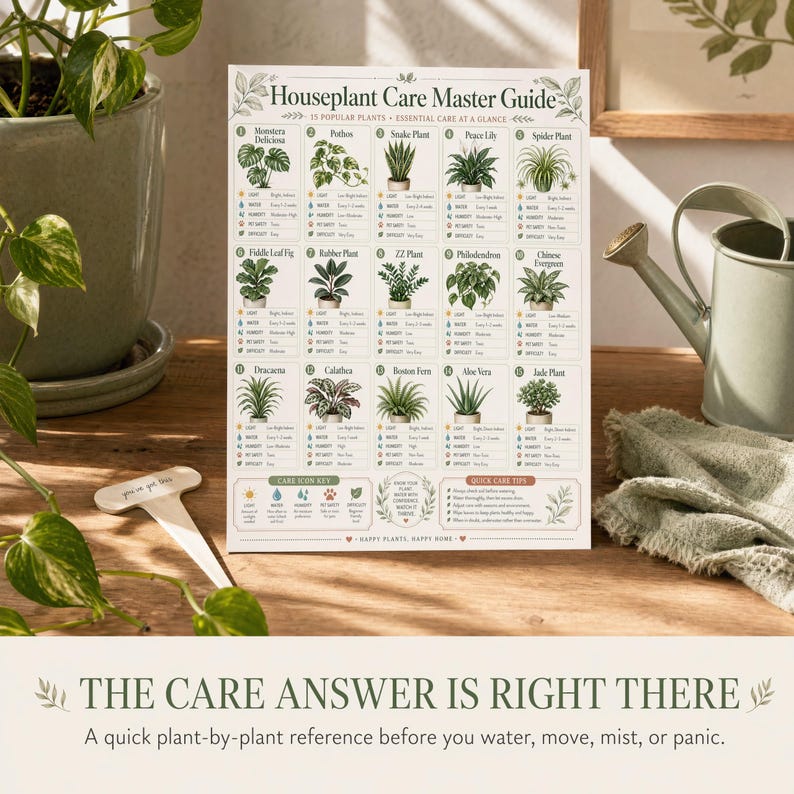 Styled product image showing the Houseplant Care Master Guide chart as the start-here page beside a small watering can, plant label, and plant cutting.