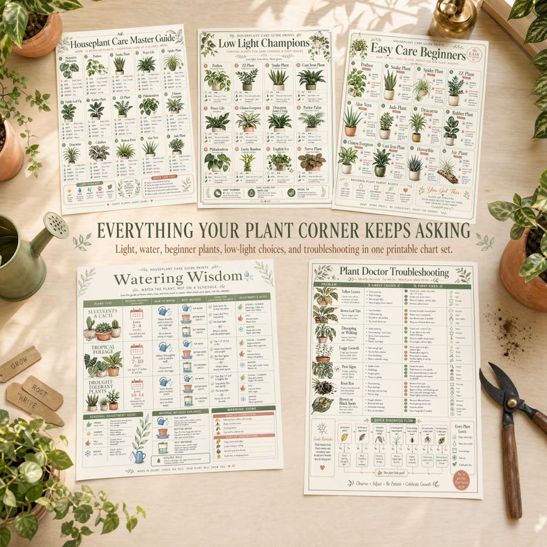 Overhead spread showing five printable houseplant care chart pages with terracotta pots, watering can, plant labels, and plant care table props.