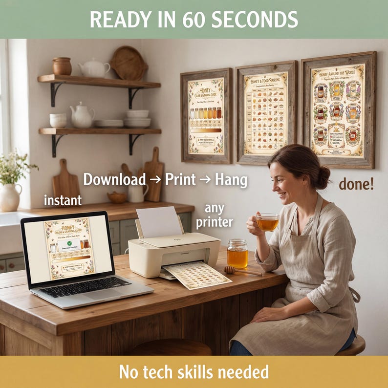Woman in farmhouse kitchen framing honey chart for wall display, progression showing download, print at home, and frame or use as reference - warm natural lighting with honeycomb decor elements
