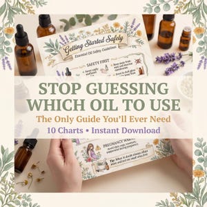 Può includere: Una guida agli oli essenziali con il testo "Getting Started Safely" e "Stop Guessing Which Oil to Use". L'immagine presenta bottiglie di vetro marrone, lavanda e fiori di camomilla. La guida include consigli di sicurezza e grafici.
