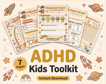 May include: ADHD Kids Toolkit with 7 pages, featuring a rocket, planet, and star theme. The toolkit includes worksheets for morning routines, homework, and emotional regulation. Text includes "Instant Download" and "All feelings are okay!"