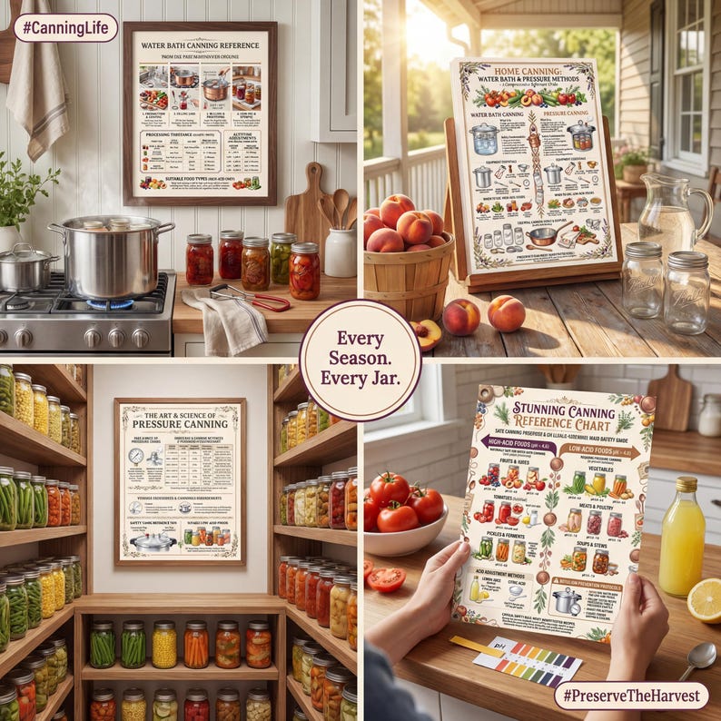 The Complete Home Canning & Preserving Guide - 10 Reference Charts (canning guide) in multiple settings - printable reference chart for home cooks and kitchen enthusiasts