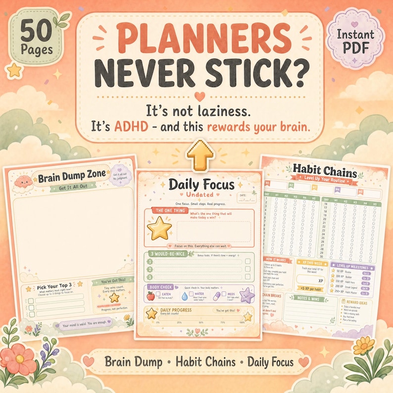 Gamified ADHD Planner Printable | Brain Dump, Habit Tracker (digital ...
