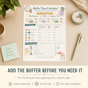 Styled product image featuring the Buffer Time Calculator worksheet, 1.5x formula, work backwards section, timer, pen, and ADD THE BUFFER BEFORE YOU NEED IT headline.
