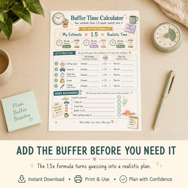 Styled product image featuring the Buffer Time Calculator worksheet, 1.5x formula, work backwards section, timer, pen, and ADD THE BUFFER BEFORE YOU NEED IT headline.