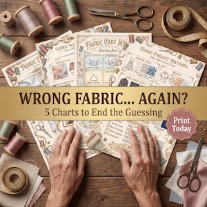 Może przedstawiać: Zestaw wykresów do szycia z tekstem "WRONG FABRIC... AGAIN? 5 Charts to End the Guessing" otoczony szpulkami nici, nożyczkami i miarką. Wykresy zawierają informacje o pielęgnacji tkanin i dopasowywaniu projektów.