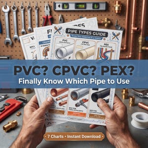 May include: A person holding several charts titled "PIPE TYPES GUIDE" with diagrams of PVC, CPVC, and PEX pipes. The charts have text that reads "PVC? CPVC? PEX? Finally Know Which Pipe to Use." The background includes tools and copper pipes.