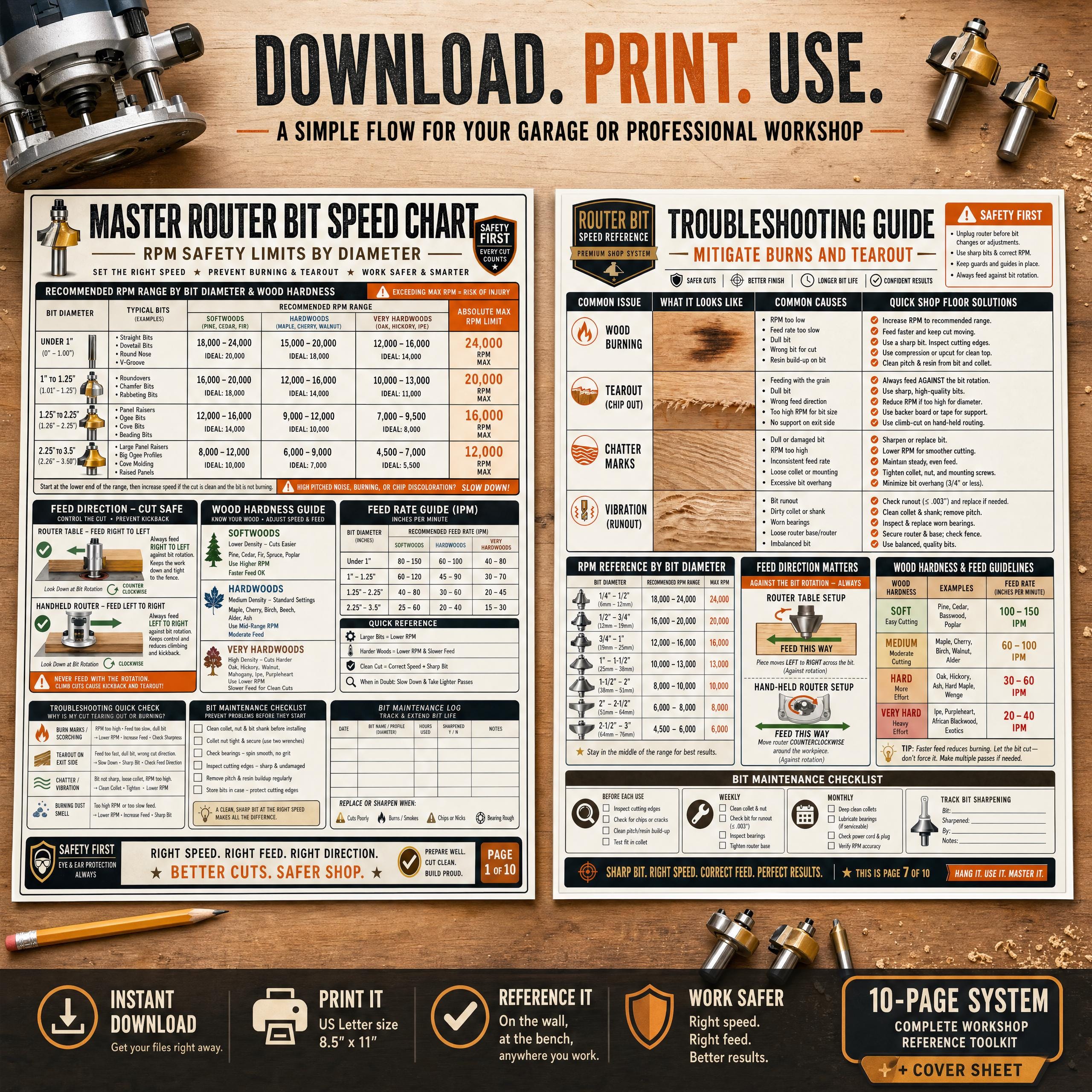 Router Bit Speed Reference Chart | Woodworking RPM Guide, Setup Checklist (PDF) - Etsy