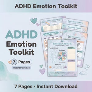 May include: ADHD Emotion Toolkit with 7 pages available for instant download. The toolkit includes a mood tracker, emotion check-in, and self-care menu. The design features pastel colors and heart graphics.