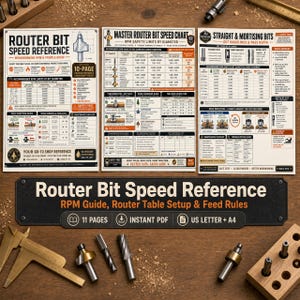 May include: A collection of woodworking router bit reference guides and charts. The guides include information on speed, diameter limits, and feed rules. The image also shows various router bits and tools on a wooden surface.