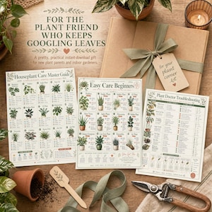 Gift-style flat lay for Houseplant Care Guide Prints with printed chart pages, sage ribbon, gift tag, terracotta pot, wood plant marker, and pruning snips.