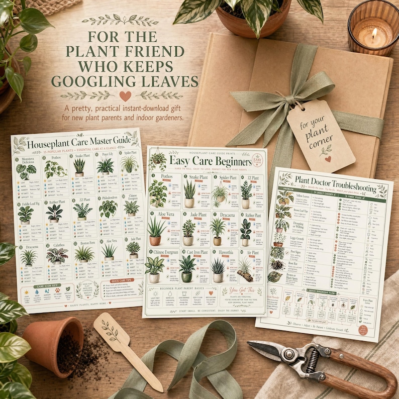 Gift-style flat lay for Houseplant Care Guide Prints with printed chart pages, sage ribbon, gift tag, terracotta pot, wood plant marker, and pruning snips.