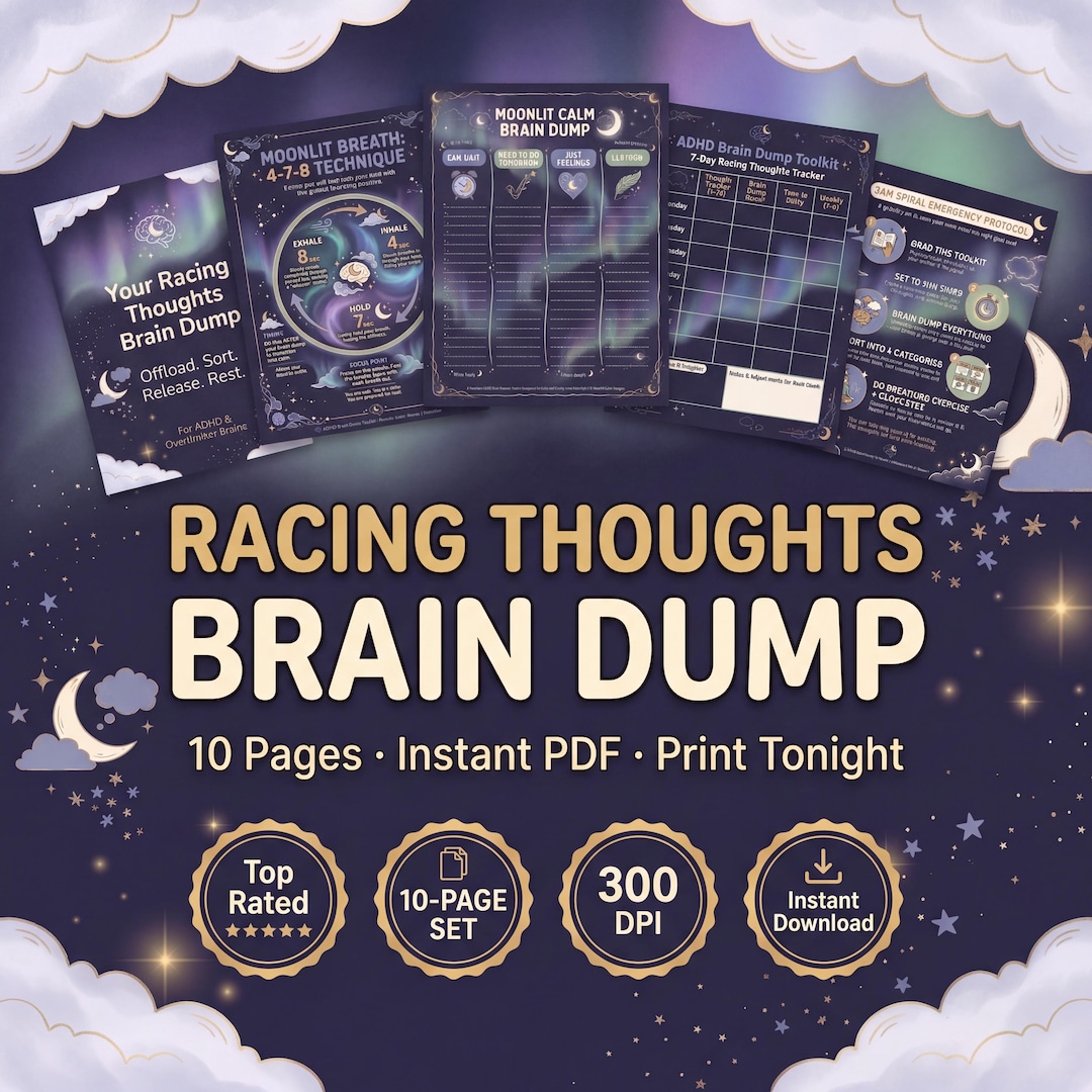 Brain Racing ADHD Racing Thoughts Brain Dump Toolkit | 10-page Night Journal ...
