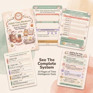 Five ADHD time blindness toolkit pages cascading in overlapping fan showing cover page perception profile estimation training lateness system and support scripts on watercolor background with text reading See The Complete System 10 Pages of Time Inte