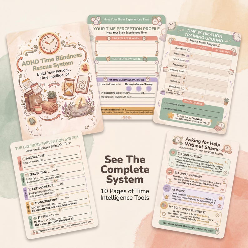 Five ADHD time blindness toolkit pages cascading in overlapping fan showing cover page perception profile estimation training lateness system and support scripts on watercolor background with text reading See The Complete System 10 Pages of Time Inte