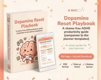 Può includere: Un libro e un tablet mostrano il titolo "Dopamine Reset Playbook". La copertina del libro presenta un cervello dei cartoni animati che tiene un controller di gioco. Il tablet mostra una guida alla produttività. Il testo evidenzia le caratteristiche della guida.