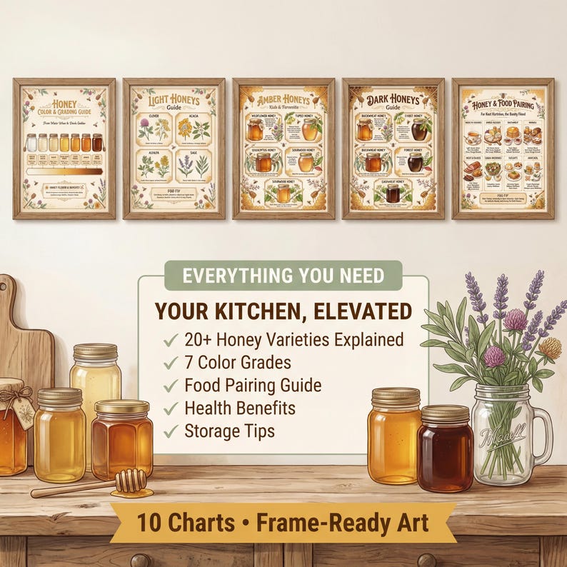 Hands opening envelope revealing 10-page honey reference guide bundle showing color grading chart, variety identification pages, health benefits guide, and quick reference card with photorealistic honey jar illustrations