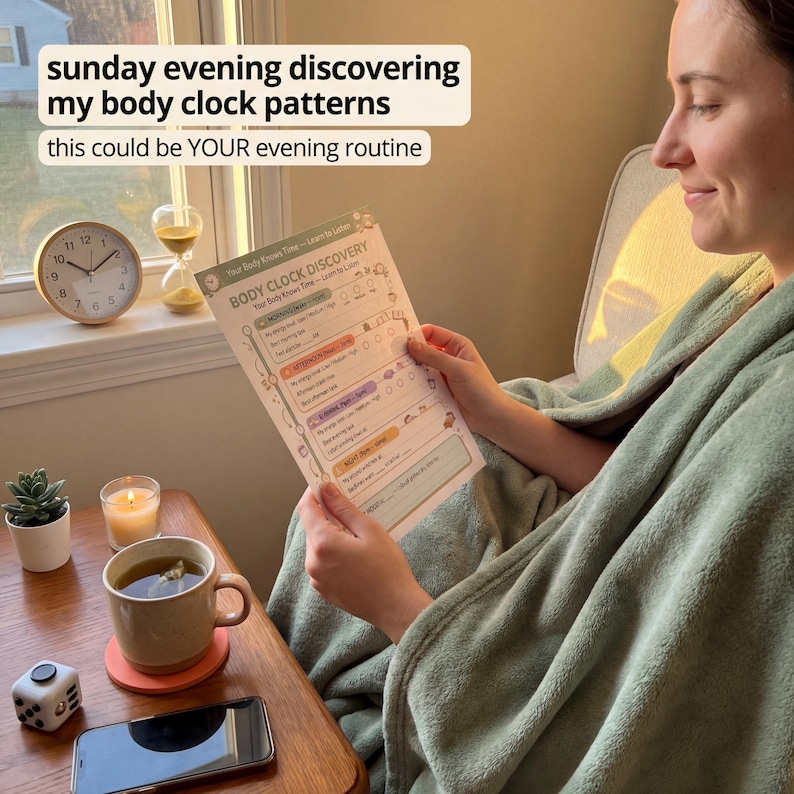 Woman curled up in reading chair wrapped in sage green throw blanket reading Body Clock Discovery page with sunrise to moon timeline blocks with candle tea mug hourglass and clock nearby and Instagram style caption reading sunday evening discovering
