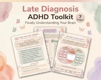 May include: ADHD Late Diagnosis Toolkit with the text "Late Diagnosis ADHD Toolkit" and "Finally Understanding Your Brain". The toolkit includes 7 pages with information on late diagnosis, grief, and identity integration. The design features butterflies.