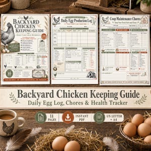 May include: Three printable guides for backyard chicken keeping. The guides include a chicken keeping guide, a daily egg production log, and a coop maintenance chores checklist. A mug with a chicken graphic and a basket of eggs are also visible.