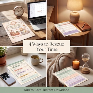 Four panel collage showing ADHD time blindness toolkit pages in different home settings including cover page on desk with clock for morning planning tracker on bedside table for evening review body clock page on counter for midday check and time bloc