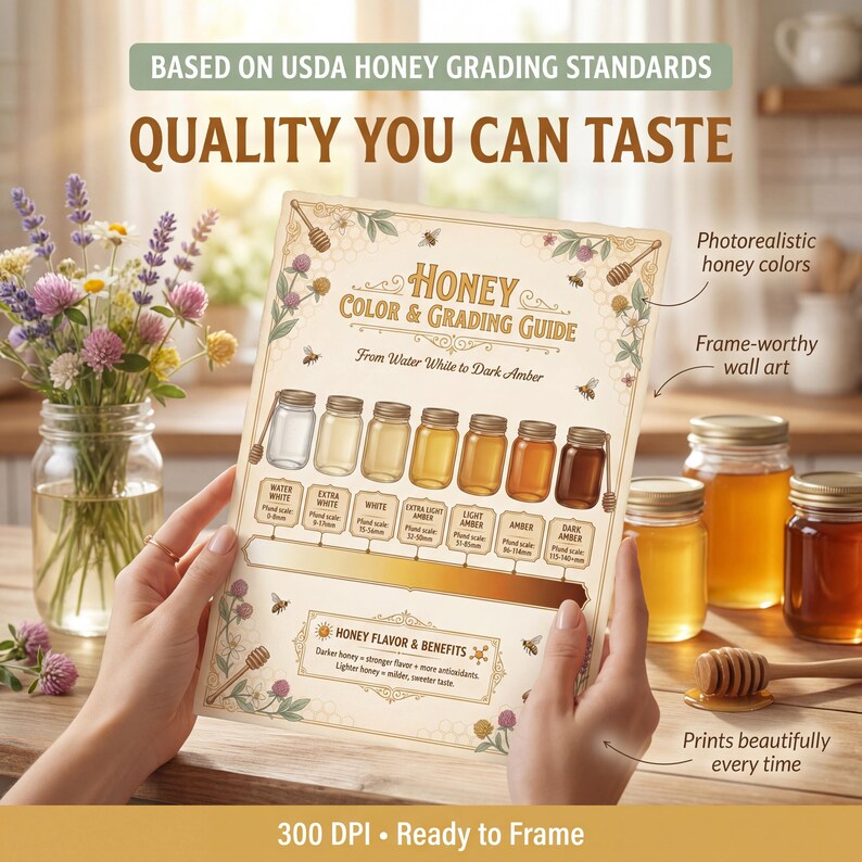 Close-up detail of Honey Color Grading Guide showing 7 USDA grades from Water White to Dark Amber with photorealistic honey jars, botanical illustrations of source flowers, and vintage apiary typography at 300 DPI print quality