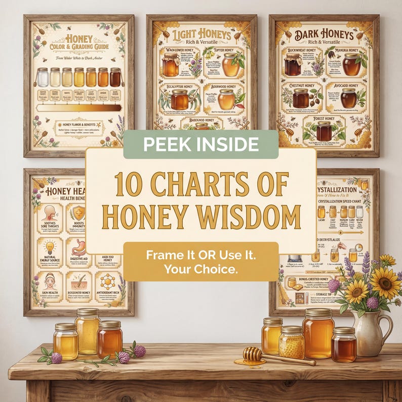 Gallery wall display of all 10 honey identification charts in rustic wooden frames showing Light Honeys, Amber Honeys, Dark Honeys, Food Pairing, Health Benefits, Crystallization Guide, Storage Quality, and World Honeys pages
