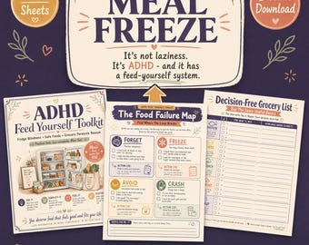 Kit de herramientas para la alimentación autodidacta en TDAH / Planificador de comidas de 12 hojas / Control de la falta de opciones en el refrigerador, alimentos seguros, planificador de compras / Imprimible