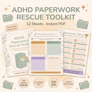 May include: ADHD Paperwork Rescue Toolkit with 12 printable sheets. The cover features the text "ADHD Paperwork Rescue Toolkit" and "12 Sheets • Instant PDF". The toolkit includes worksheets for sorting paperwork and tracking progress. The design is in soft pastel colours.