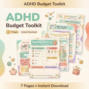 Może przedstawiać: Zestaw narzędzi budżetowych ADHD z tekstem "ADHD Budget Toolkit". Obraz zawiera kilka kolorowych stron do wydrukowania z motywami planowania finansowego, w tym narzędzie do śledzenia rachunków i wizualny cel oszczędzania. Zestaw narzędzi jest do natychmiastowego pobrania.