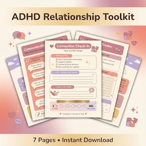 Peut inclure: Kit de ressources pour les relations avec le TDAH, avec des pages pour la communication et la connexion. Les pages comprennent des amorces de conversation, des bilans de connexion et des suivis des langages de l'amour. Le kit est un téléchargement instantané de 7 pages.