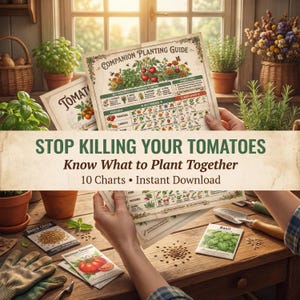 Puede incluir: Una guía de jardinería titulada "Companion Planting Guide" se sostiene sobre una mesa de madera con sobres de semillas y herramientas de jardinería. La guía presenta una tabla con verduras y sus plantas compañeras. Se muestra el texto "Stop Killing Your Tomatoes".