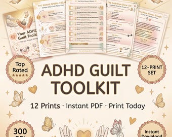 Kit de herramientas para superar la culpa en el TDAH / 12 láminas para fomentar la autocompasión / Espiral de la vergüenza / Imprimible / Descarga digital