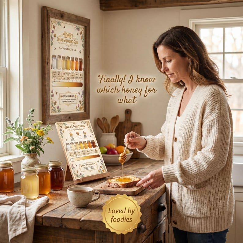 Farmhouse kitchen counter with honey reference charts displayed on wooden stand next to honey jars and tea setup, showing practical daily use as cooking reference guide