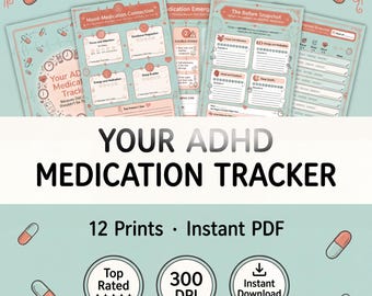 Registro de medicamentos para el TDAH / Registro de medicamentos de 12 páginas y diario de efectos secundarios / Registro de síntomas / Imprimible / Digital