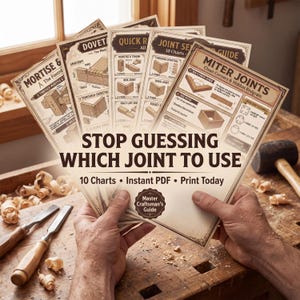 Könnte beinhalten: Eine Sammlung von Holzverbindungsdiagrammen mit Anleitungen und Diagrammen für verschiedene Verbindungsarten, wie Schwalbenschwanz- und Gehrungsverbindungen. Der Text "STOP GUESSING WHICH JOINT TO USE" ist sichtbar. Der Satz "Master Craftsman's Guide" ist ebenfalls sichtbar.