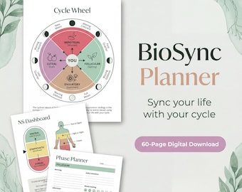 May include: A BioSync Planner with a cycle wheel diagram, NS dashboard, and phase planner. The cycle wheel shows phases like Menstrual, Follicular, and Ovulatory. The text reads "Sync your life with your cycle" and "60-Page Digital Download."